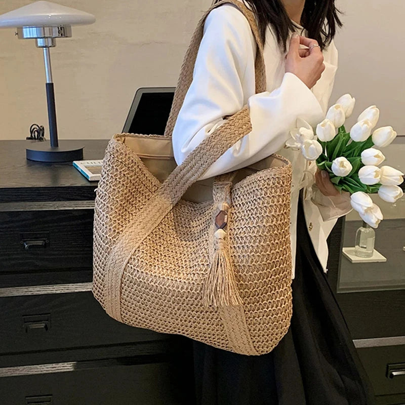 HuiYStar Grand Sac Plage Paille Tressée Femme | 47x30x14 Cm | Bandoulière Été | Pompon Vintage