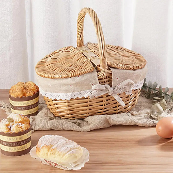 Panier Pique-Nique En Osier Blanc Naturel Avec Doublure Tissu Amovible - 34 X 26 X 16/30 Cm